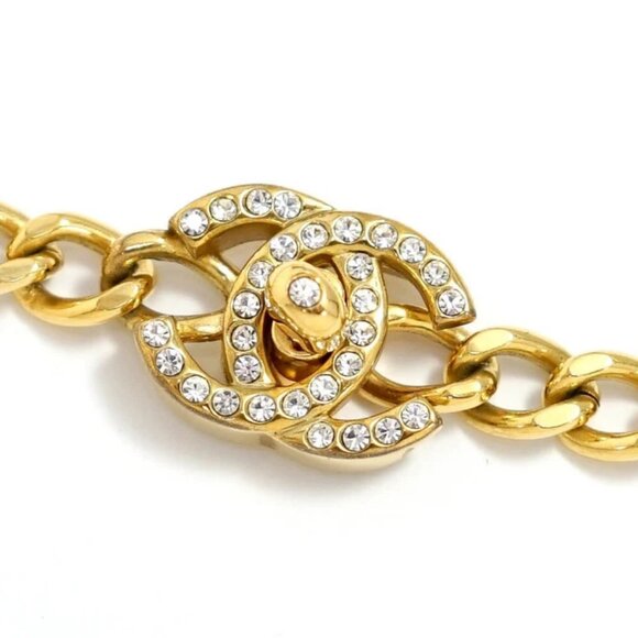 CHANEL CC Logos Turnlock Rhinestone Necklace 16" Gold Tone 96A Auth w/Box r11587 - Picture 4 of 8